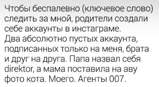 Чтобы беспалевно ключевое слово следить за мной родители создали себе аккаунты в инстаграме Два абсолютно пустых аккаунта подписанных только на меня брата и друг на друга Папа назвал себя ШгеКТог а мама поставила на аву фото кота Моего Агенты 007
