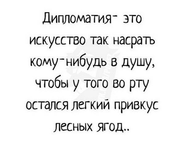 Дипломатия это искусство так насрать кому нибудь в душу чтобы у того во рту остался легкий привкус лесных ягод