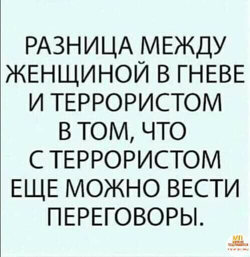 РАЗНИЦА МЕЖДУ ЖЕНЩИНОЙ В ГНЕВЕ И ТЕРРОРИСТОМ В ТОМ ЧТО С ТЕРРОРИСТОМ ЕЩЕ МОЖНО ВЕСТИ ПЕРЕГОВОРЫ ёё