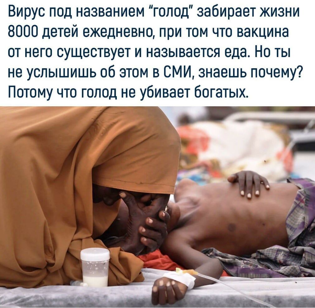 Вирус под названием голод забирает жизни 8000 детей ежедневно при том что вакцина от него существует и называется еда Но ты не услышишь об этом в СМИ знаешь почему Потому что голод не убивает богатых