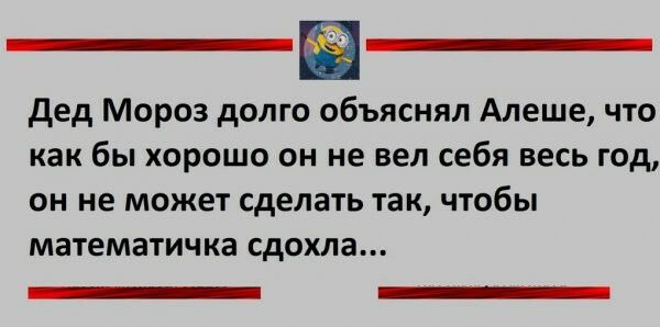 дед Мороз долго объяснял Алеше что как бы хорошо он не вел себя весь год он не может сделать так чтобы математичка сдохла