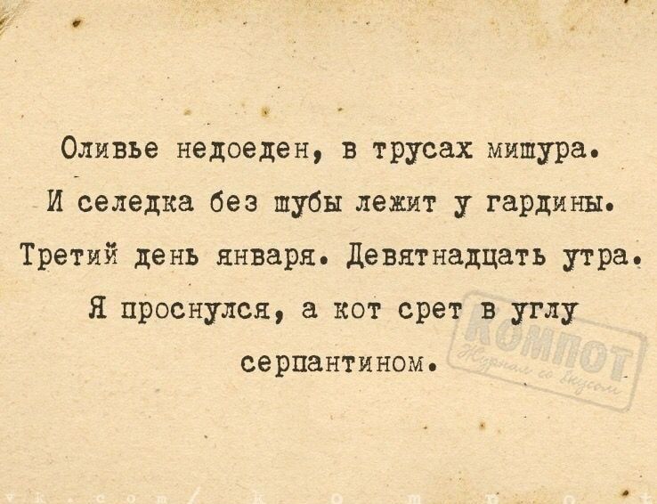 Оливье недоеден в трусах мишура И селедка без шубы лежит у гардины Третий день января Девятнадцать утра Я проснулся а кот срет в углу серпантином