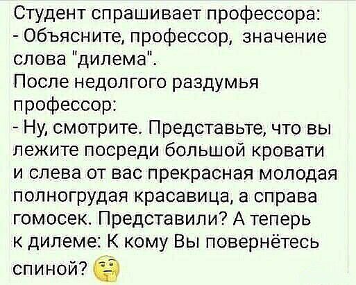 Студент спрашивает профессора Объясните профессор значение слова дилема После недолгого раздумья профессор Ну смотрите Представьте что вы лежите посреди большой кровати и слева от вас прекрасная молодая полногрудая красавица а справа гомосек Представили А теперь К дипеме К кому Вы повернётесь спиной