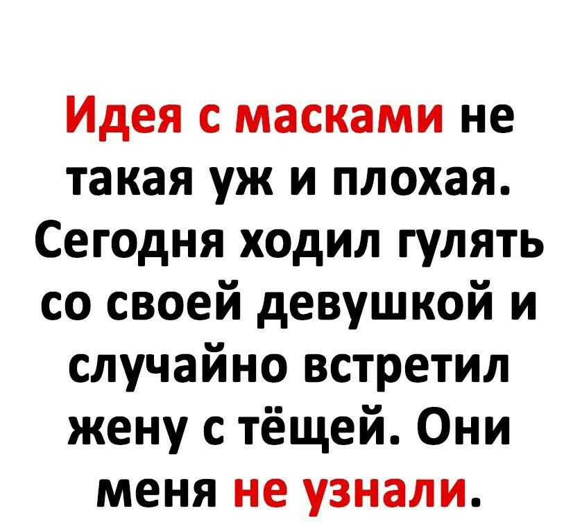 Идея с масками не такая уж и плохая Сегодня ходил гулять со своей девушкой и случайно встретил жену с тёщей Они меня не узнали