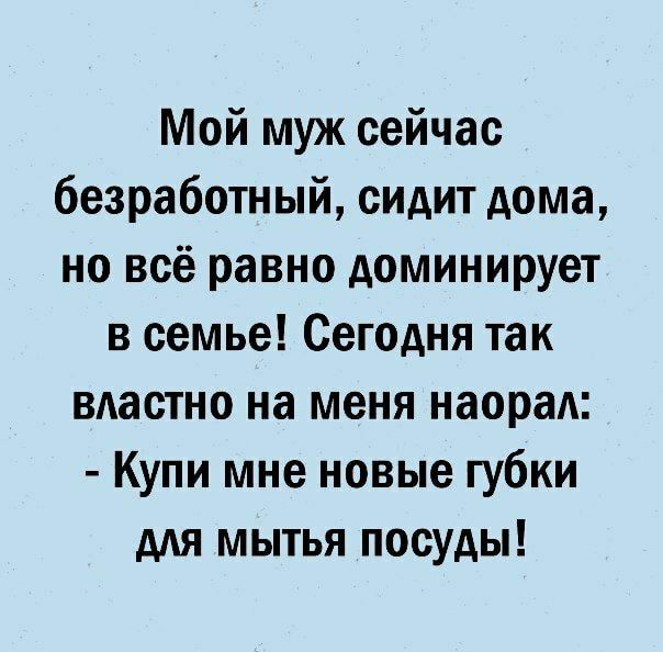 Мой муж сейчас безработный сидит дома но всё равно доминирует в семье Сегодня так место на меня наорад Купи мне новые губки для мытья посуды