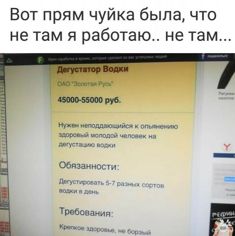 Вот прям чуйка была что не там я работаю не там ЁАО Зшютая Русь тоо 55000 руб Нужен неподдающийся опьянению здоровый молодой человек на дегустацию водки У _ Обязанности _ дегустировать 57 разных сортов водки в день Требования Крепкое здоровье е борзыи