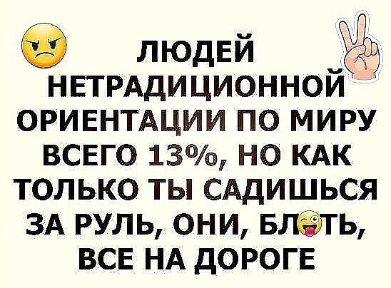 ЛЮДЕЙ НЕТРАдИЦИОННОИ оривнтдции по миру всего 13 но КАК только ты сддишься 3А руль они Бгвёёать все НА дорогв