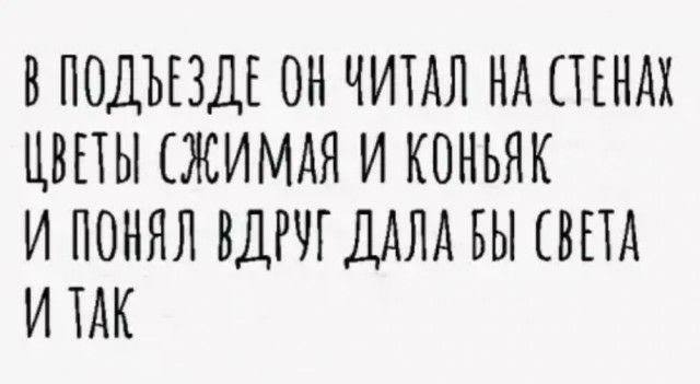 В ПОДЪЕЗДЕ ОН ЧИТАЛ НА СТЕНАХ ЦВЕТЫ ЖИМАЯ И КОНЬЯК И ПОНЯЛ ВДРЧГДАЛА БЫ США И ТАК