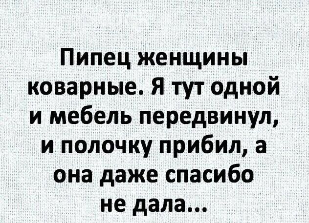 Пипец женщины коварные Я тут одной и мебель передвинул и полочку прибил а она даже спасибо не дала
