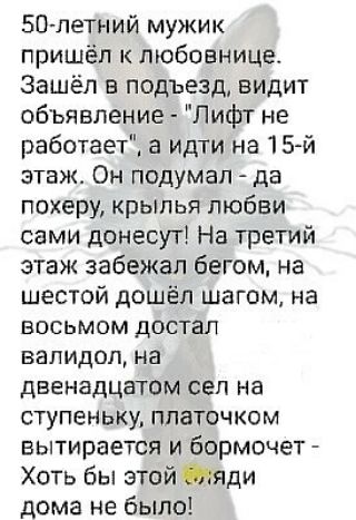 50 летний мужик пришёл к любовнице Зашёл в подъезд видит объявление Лифт не работает а идти на 15 й этаж Он подумал да покеру крылья любви сами донесут На третий этаж забежал бегом на шестой дошёл шагом на ВОСЬМОМ ДОСТЕЛ валидол на двенадцатом сел на ступеньку платочком вытирается и бормочет Хоть бы зтоййяди дома не было