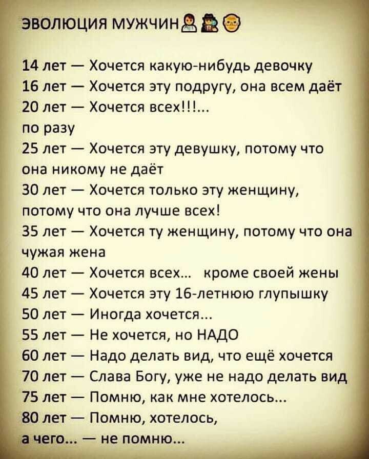 _ оЮЦия мужчина в 14 лет Хочется какуюнибудь девочку 16 лет Хочется эту подругу она всем даёт 120 лет Хочется всех по разу 25 лет Хочется эту девушку потому что она никому не даёт 30 лет Хочется только эту женщину потому что она лучше всех 35 лет Хочется ту женщину потому что она чужая жена 40 лет _ Хочется всех кроме своей жены 45 лет Хочется эту 16летнюю глупышку 50 лет Иногда хочется 55 лет Не 