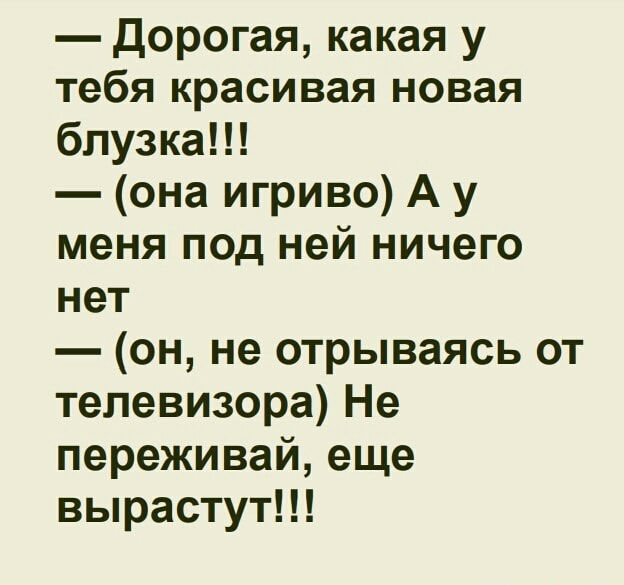 дорогая какая у тебя красивая новая блузка она игриво А у меня под ней ничего нет он не отрываясь от телевизора Не переживай еще вырастут