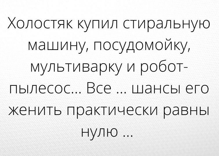 Холостяк купил стиральную машину посудомойку мультиварку и робот пылесос Все шансы его кенить практически равны нулю