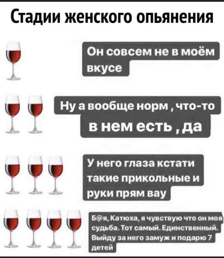 Стадии ЖЕНСКОГО ОПЬЯНЁНИЯ Ю Он совсем не в моём і вкусе Ну а вообще норм что то _ _і в нем есть да У него глаза кстати такие прикольные и руки прям вау Бя Катюха я чувствую что он моя к судьбаТотсамыйЕдинственный _ _ _ Выйду за него замуж и подарю 7 детей
