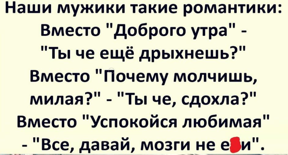 Наши мужики такие романтики Вместо доброго утра Ты че ещё дрыхнешь Вместо Почему молчишь милая Ты че сдохла Вместо Успокойся любимая _Вс_е давай мозгиуне еіи