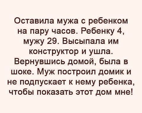 Оставила мужа с ребенком на пару часов Ребенку 4 мужу 29 Высыпала им конструктор и ушла Вернувшись домой была в шоке Муж построил домик и не подпускает к нему ребенка чтобы показать этот дом мне