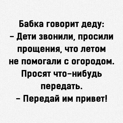 Бабка говорит деду дети звонили просили прощения что летом не помогали с огородом Просят чтонибудь передать Передай им привет