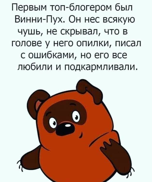 Первым топблогером был Винни Пух Он нес всякую чушь не скрывал что в голове у него опилки писал с ошибками но его все любили и подкармливали