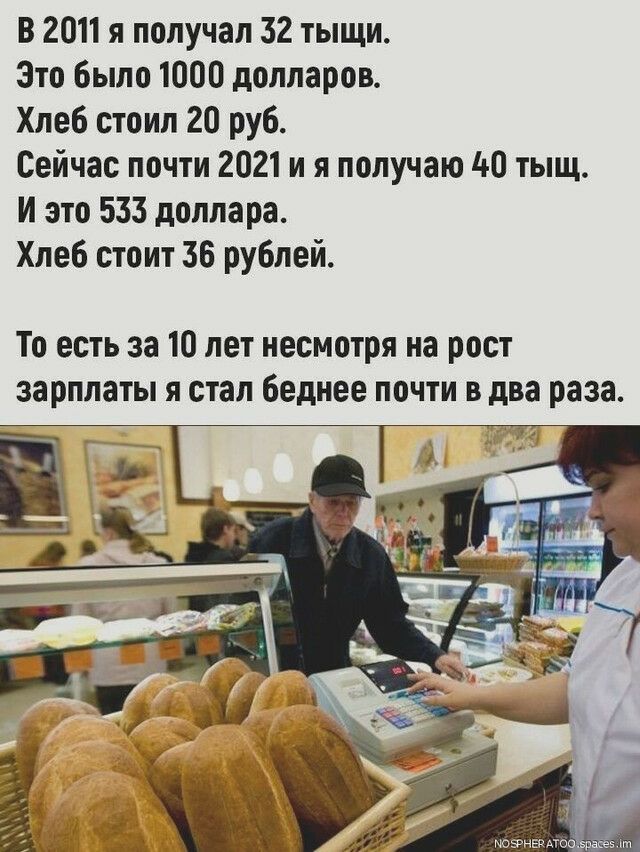 В 2011 я получал 32 тыщи Это было 1000 долларов Хлеб стоил 20 руб Сейчас почти 2021 и я получаю 40 тыщ И это 533 доллара Хлеб стоит 36 рублей То есть за 10 лет несмотря на рост зарплаты я стал беднее почти в два раза