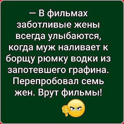 В фильмах заботливые жены всегда улыбаются когда муж наливает к борщу рюмку водки из запотевшего графина Перепробовал семь жен Врут фильмы