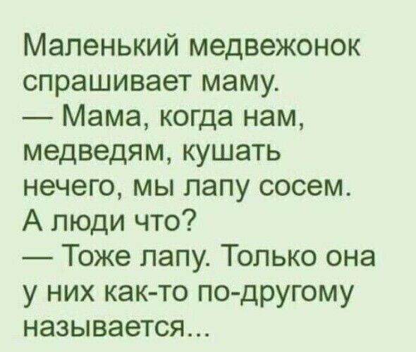 Маленький медвежонок спрашивает маму Мама когда нам медведям кушать нечего мы папу сосем А люди что Тоже папу Только она у них как то по другому называется
