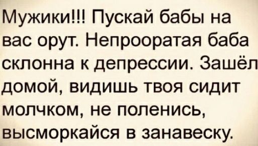 Мужики Пускай бабы на вас орут Непрооратая баба склонна к депрессии Зашёл домой видишь твоя сидит молчком не попенись высморкайся в занавеску