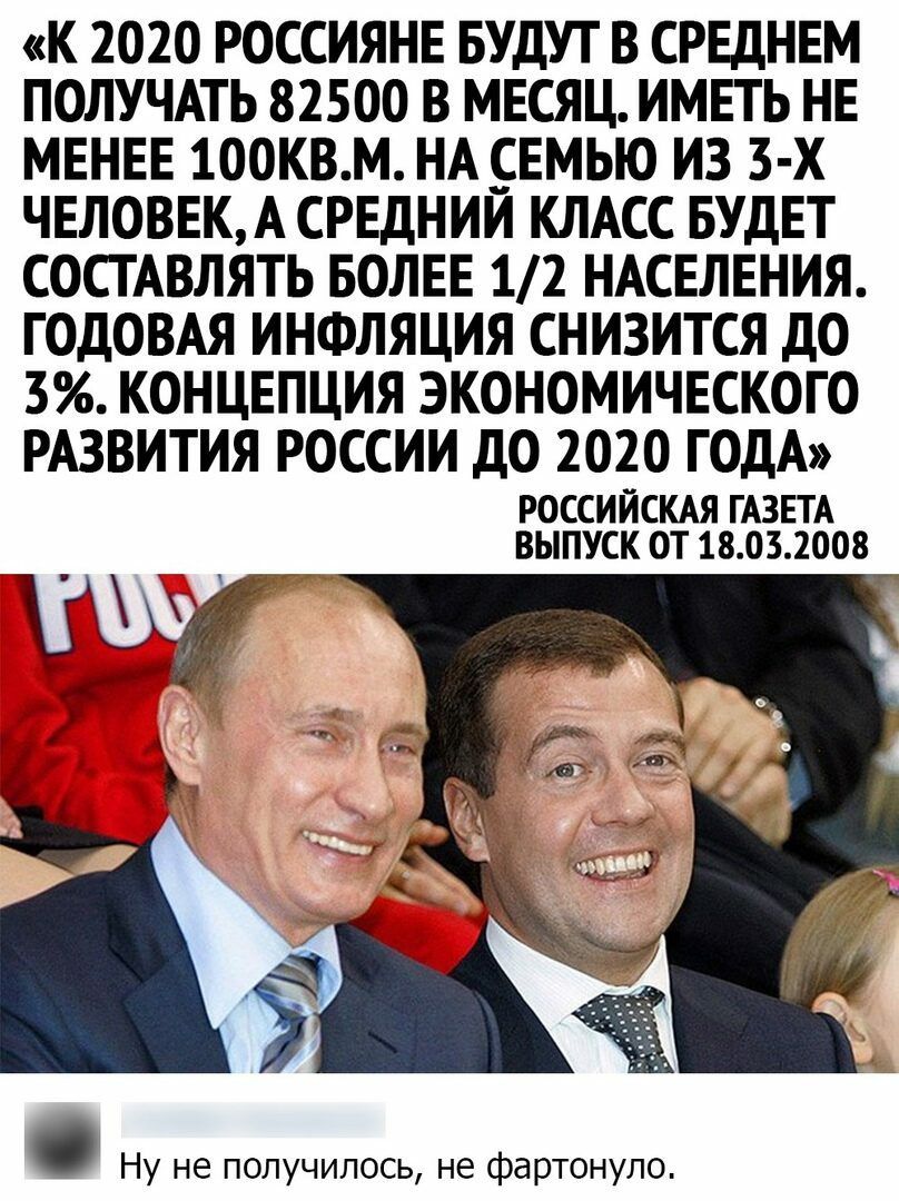 К 2020 РОССИЯНЕ БУДУТ В СРЕДНЕМ ПОЛУЧАТЬ 82500 В МЕСЯЦ ИМЕТЬ НЕ МЕНЕЕ 100КВМ НА _СЕМЬЮ ИЗ З Х ЧЕЛОВЕКА СРЕДНИИ КЛАСС БУДЕТ СОСТАВЛЯТЬ БОЛЕЕ 12 НАСЕЛЕНИЯ ГОДОВАЯ ИНФЛЯЦИЯ СНИЗИТСЯ ДО 3 КОНЦЕПЦИЯ ЭКОНОМИЧЕСКОГО РАЗВИТИЯ РОССИИ ДО 2020 ГОДА РОССИЙСКАЯ ГАЗЕТА ВЫПУСК ОТ 18032008 Ну не получилось не фартонуло