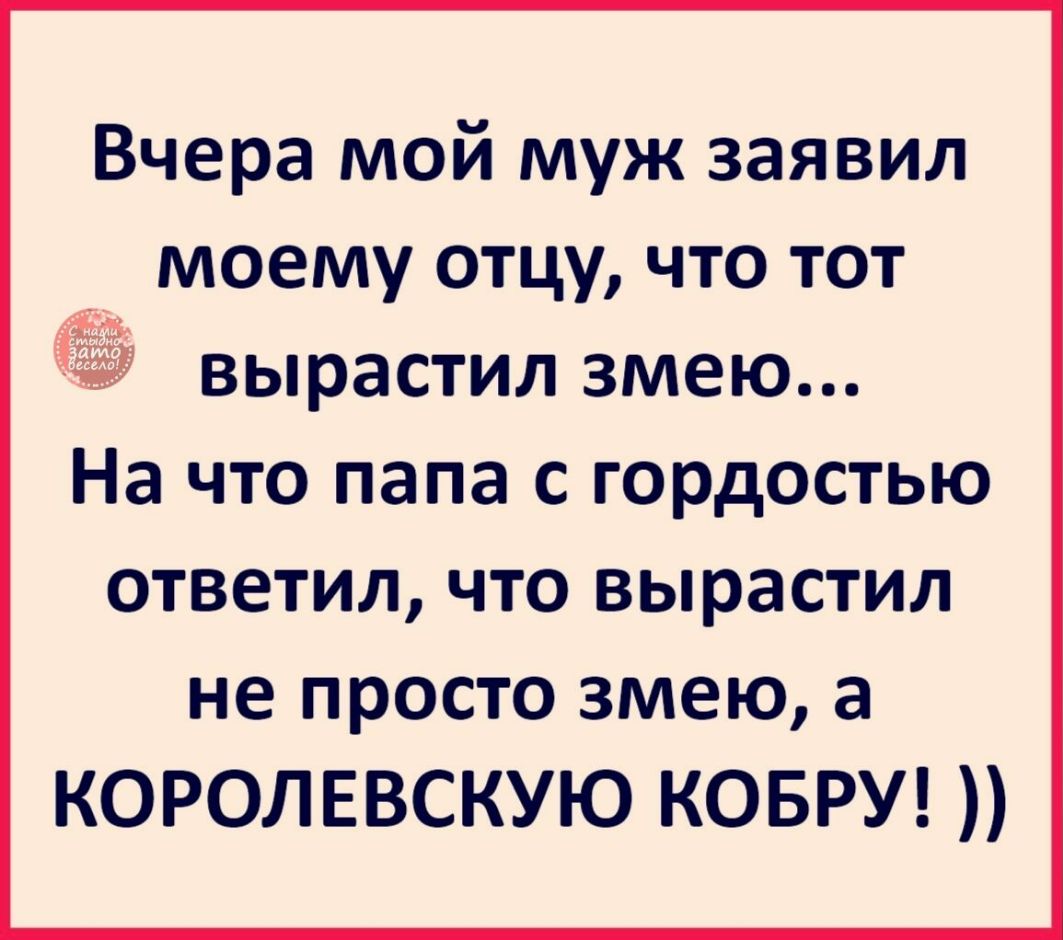 Вчера мой муж заявил моему отцу что тот 3 вырастил змею На что папа с гордостью ответил что вырастил не просто змею а КОРОЛЕВСКУЮ КОБРУ
