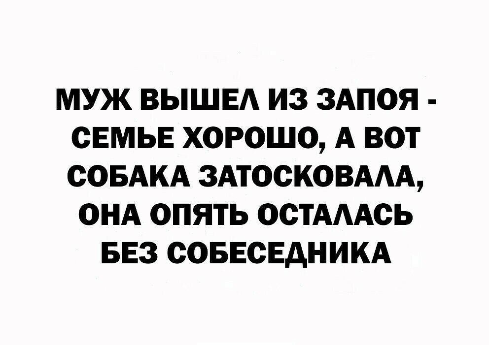 МУЖ ВЫШЕА ИЗ ЗАПОЯ СЕМЬЕ ХОРОШО А ВОТ СОБАКА ЗАТООКОВААА ОНА ОПЯТЬ ООТАААОЬ БЕЗ СОБЕОЕАНИКА