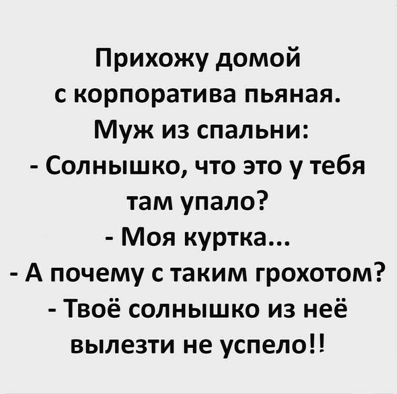 Прихожу домой с корпоратива пьяная Муж из спальни Солнышко что это у тебя там упало Моя куртка А почему с таким грохотом Твоё солнышко из неё вылезти не успело