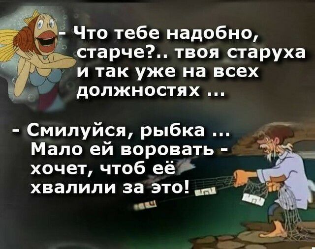 Что тебе надобно старче твоя старуха и так уже на всех должностях Смилуйся рыбка Мало ей воровать хочет чтоб её хвалили за это