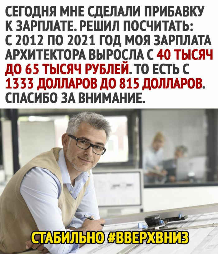 СЕГОДНЯ МНЕ СДЕЛАЛИ ПРИБАВКУ К ЗАРПЛАТЕ РЕШИЛ ПОСЧИТАТЬ С 2012 ПО 2021 ГОД МОЯ ЗАРПЛАТА АРХИТЕКТОРА ВЫРОСЛА С 40 ТЫСЯЧ дО 65 ТЫСЯЧ РУБЛЕИТ0 ЕСТЬ С 1333 ДОЛЛАРОВ ДО 815 ДОЛЛАРОВ СПАСИБО ЗА ВНИМАНИЕ