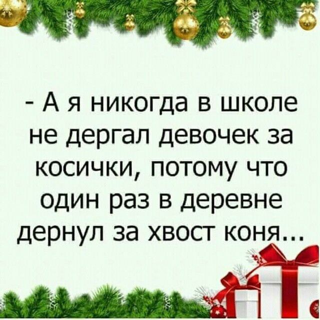 А я никогда в школе не дергал девочек за косички потому что один раз в деревне дернул за хвост коня
