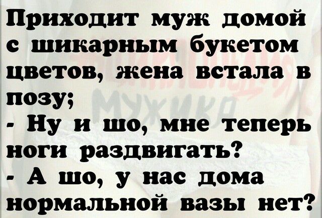 Приходит муж домой шикарным букетом цветов жена встала в позу Ну и шо мне теперь иоги раздвигать А шо у нас дома нормальной вазы нет
