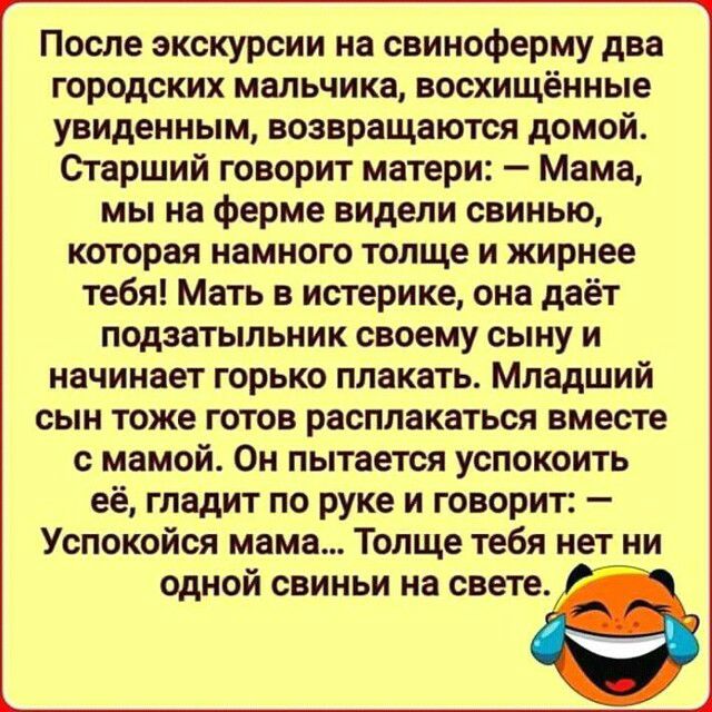 После экскурсии на свиноферму два городских мальчика восхищённые увиденным возвращаются домой Старший говорит матери Мама мы на ферме видели свинью которая намного толще и жирнее тебя Мать в истерике она даёт подзатыльник своему сыну и начинает горько плакать Младший сын тоже готов расплакаться вместе с мамой Он пытается успокоить её гладит по руке и говорит Успокойся мама Толще тебя нет ни одной 