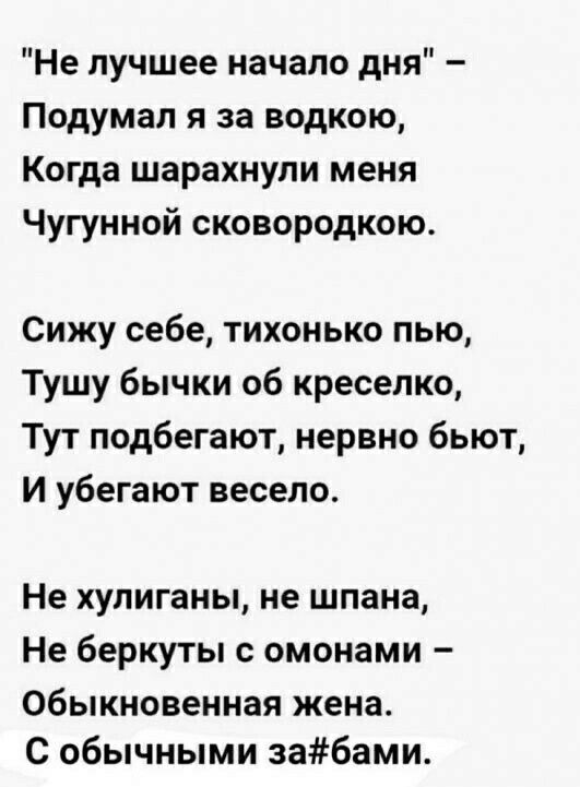 Не лучшее начало дня Подумал я за водкою Когда шарахнули меня Чугунной сковородкою Сижу себе тихонько пью Тушу бычки об креселко Тут подбегают нервно бьют И убегают весело Не хулиганы не шпана Не беркуты с омонами Обыкновенная жена С обычными забами