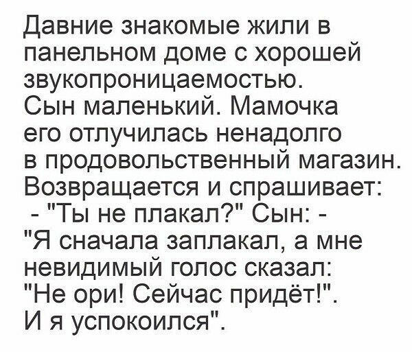 Давние знакомые жили в панельном доме с хорошей звукопроницаемостью Сын маленький Мамочка его отлучилась ненадолго в продовольственный магазин Возвращается и спрашивает Ты не плакал Сын Я сначала заплакал а мне невидимый голос сказал Не ори Сейчас придёт И я успокоился