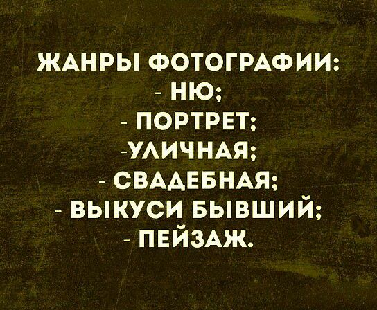 ЖАНРЫ ФОТОГРАФИИ ню портрвт жхичнм СВААЕБНАЯ выкуси Бывший ПЕЙЗАЖ