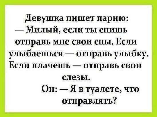 Девушка пишет парню _ Милый если ты спишь отправь мне свои сны Если улыбаешься отправь улыбку Если плачешь отправь свои слезы Он Я в туалете что отправлять