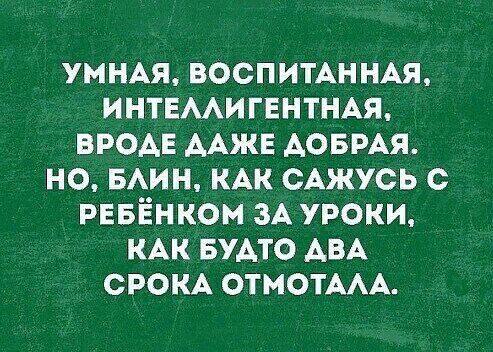 УМНАЯ ВОСПИТАННАЯ ИНТЕААИГЕНТНАЯ вродв ААЖЕ АОБРАЯ но БАИН КАК сАжусь с РЕБЁНКОМ ЗА уроки КАК БУАТО АВА СРОКА отмотААА