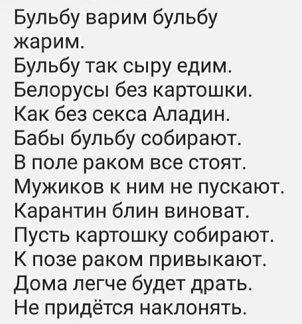 Бульбу варим бульбу жарим Бульбу так сыру едим Белорусы без картошки Как без секса Аладин Бабы бульбу собирают В поле раком все стоят Мужиков к ним не пускают Карантин блин виноват Пусть картошку собирают К позе раком привыкают Дома легче будет драть Не придётся наклонять