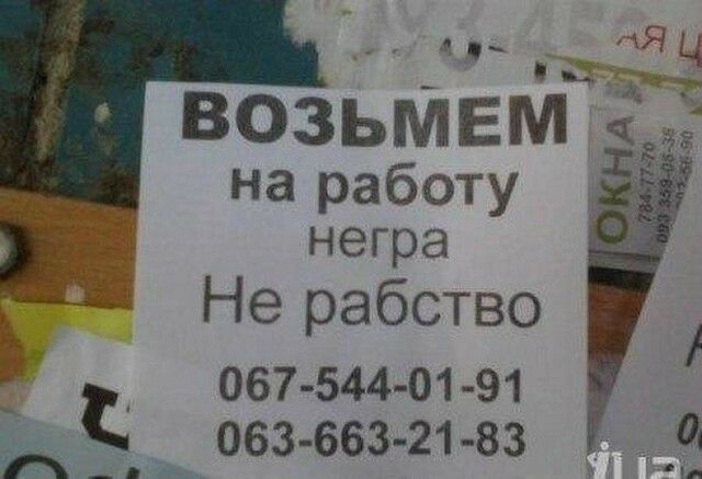 ш ТЧ ВОЗЬМЕМ Ё __ на рабсэту ЁЁ негра Не рабство 067 544 01 91 С 063 663 21 83 Ь__