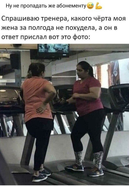 Ну не пропадать же абонементуц ь Спрашиваю тренера какого чёрта моя жена за полгода не похудела а он в ответ прислал вот это фото