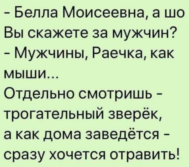 Белла Моисеевна а шо Вы скажете за мужчин Мужчины Раечка как мыши Отдельно смотришь трогательный зверёк а как дома заведётся сразу хочется отравить