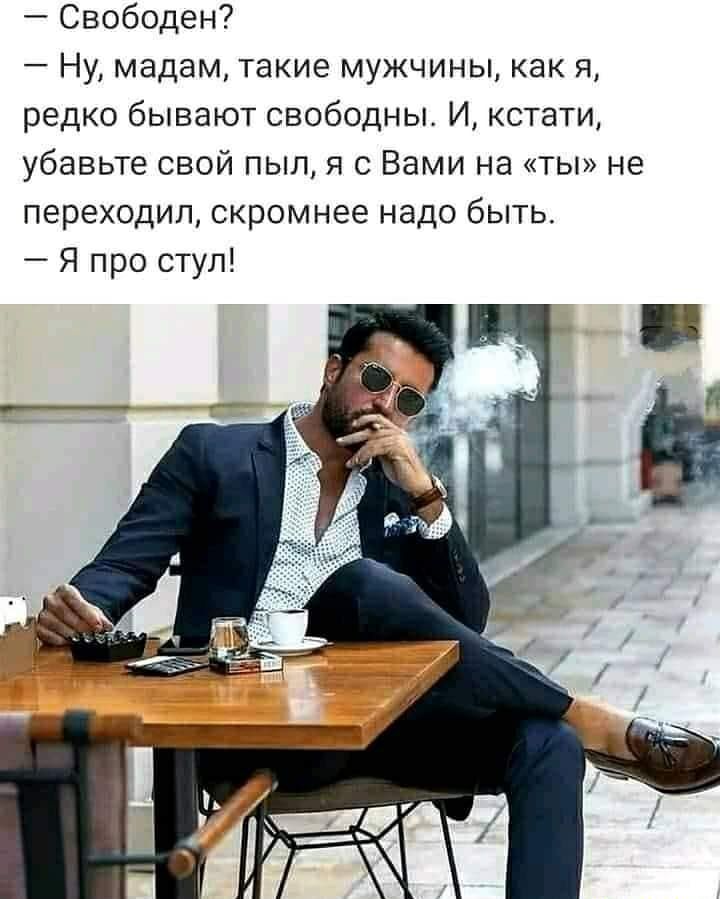 Свободен Ну мадам такие мужчины как я редко бывают свободны И кстати убавьте свой пыл я с Вами на ты не переходил скромнее надо быть Я про стул