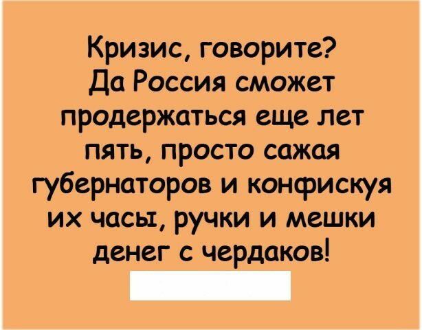 Кризис говорите Да Россия сможет продержаться еще лет пять просто сажая губернаторов и конфискуя их часы ручки и мешки денег с чердаков