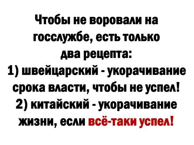 Чтобы не воровали на госслужбе есть только два рецепта 1 швейцарский укорачивание срока власти чтобы не успел 2 китайский укорачивание жизни если всё таки успел