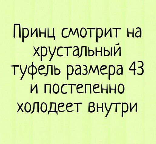 Принц смотрит на хрустальным туфель размера 43 и постепенно холодеет внутри