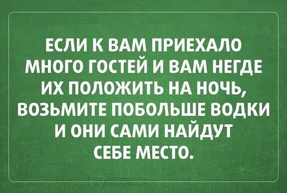 ЕСЛИ К ВАМ ПРИЕХАЛО МНОГО ГОСТЕЙ И ВАМ НЕГДЕ ИХ ПОЛОЖИТЬ НА НОЧЬ ВОЗЬМИТЕ ПОБОЛЬШЕ ВОДКИ И ОНИ САМИ НАЙДУТ СЕБЕ МЕСТО