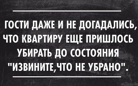 ГОСТИ дАЖЕ И НЕ ДОТАДАЛИСЬ ЧТО КВАРТИРУ ЕЩЕ ПРИШЛОСЬ УБИРАТЬ дО СОСТОЯНИЯ ИЗВИНИТЕЧТ0 НЕ УБРАНО